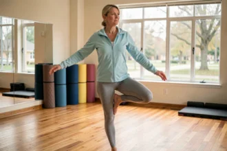 Femme âgée pratiquant un exercice d'équilibre sur un pied dans une salle de sport communautaire adaptée aux seniors