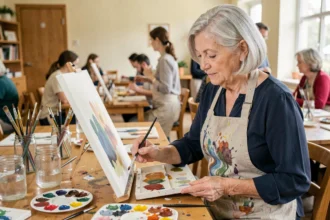 Femme senior concentrée peignant à l'aquarelle lors d'un atelier artistique pour stimuler la mémoire