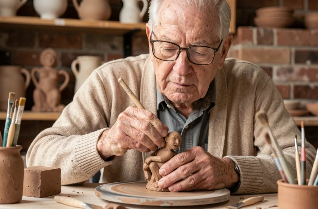 Homme senior modelant l'argile dans un atelier de poterie thérapeutique pour stimuler les fonctions cognitives
