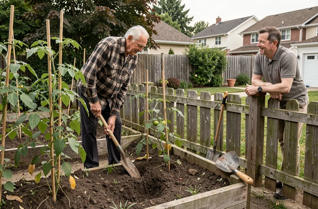 Un homme âgé jardine dans sa cour et discute avec son voisin par-dessus une clôture en bois, illustrant le maintien du lien social à domicile