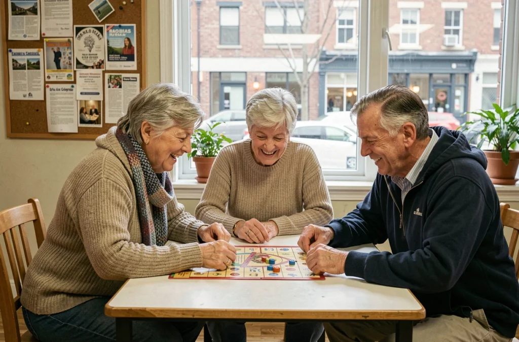 Trois personnes âgées jouent ensemble à un jeu de société dans un espace communautaire, symbolisant l'importance des liens sociaux pour l'autonomie des seniors
