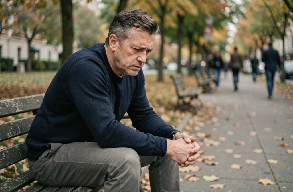 Homme pensif assis sur un banc de parc en automne, symbolisant le stress émotionnel chronique associé aux troubles intestinaux comme les diverticules