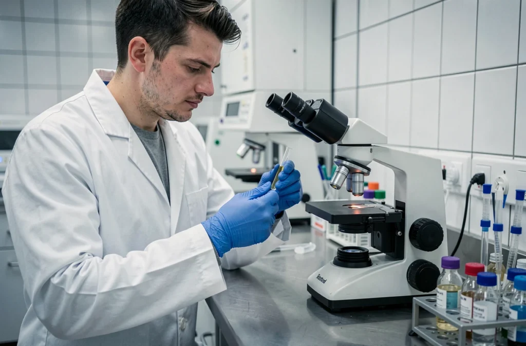 Technicien de laboratoire manipulant un échantillon d'urine sous microscope pour analyse cytologique