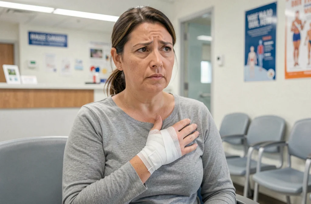 Femme aux urgences avec une main bandée après une morsure de brochet, illustrant les situations nécessitant une consultation médicale