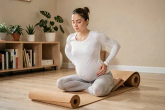 Femme enceinte pratiquant un exercice de yoga prénatal pour soulager les douleurs lombaires à domicile