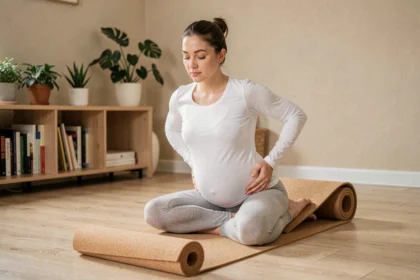 Femme enceinte pratiquant un exercice de yoga prénatal pour soulager les douleurs lombaires à domicile