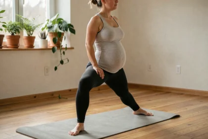 Femme enceinte pratiquant le yoga prénatal en position guerrière sur un tapis dans un studio à domicile