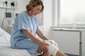Femme en convalescence après une opération des varices assise sur un lit d'hôpital, tenant sa jambe bandagée avec une expression préoccupée