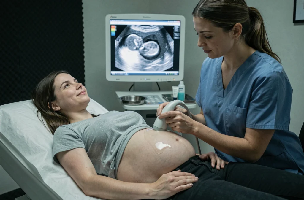 Échographie obstétricale réalisée par une sage-femme sur une femme enceinte en début de grossesse, écran d'échographie visible en arrière-plan