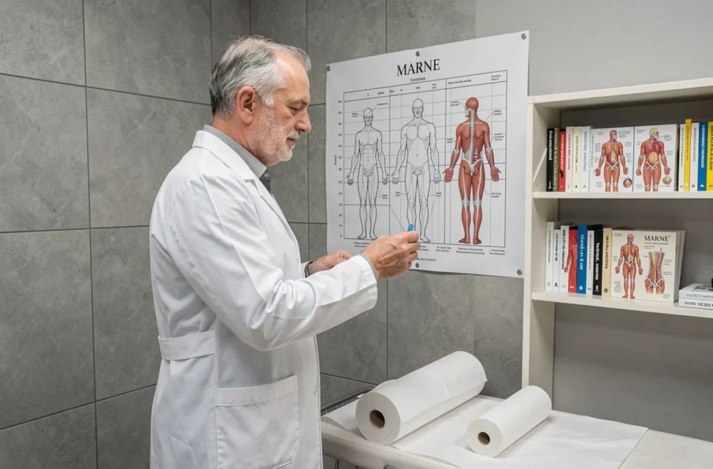Emmanuel Broquard, ostéopathe dans la Marne, analysant la posture d'un patient debout devant une grille posturale