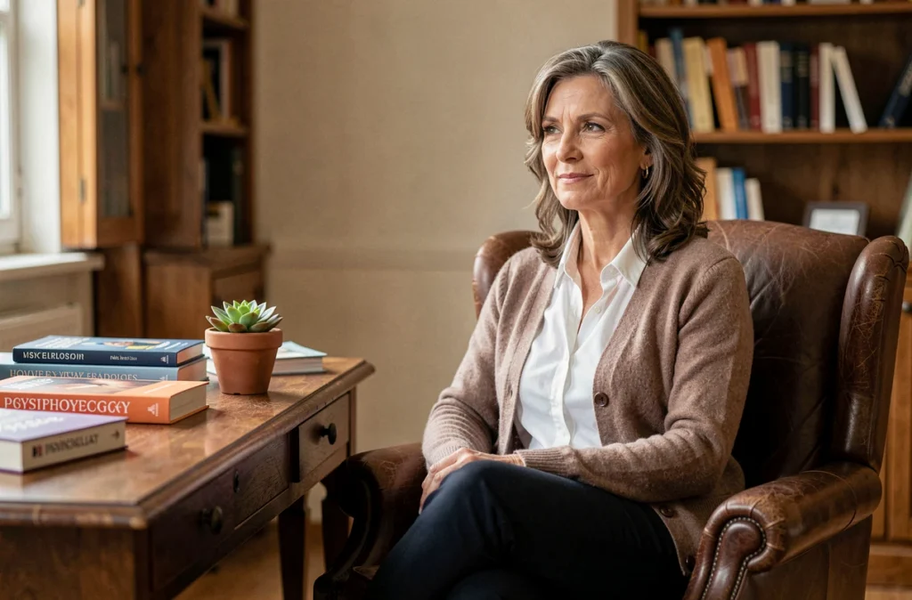 Portrait de Fabienne Vanlaere, psychologue dans le Var, assise dans un fauteuil en cuir avec des revues de psychologie