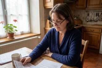 Femme d'âge mûr consultant des documents de mutuelle santé à sa table de cuisine, illustrant l'accès à la complémentaire santé pour tous