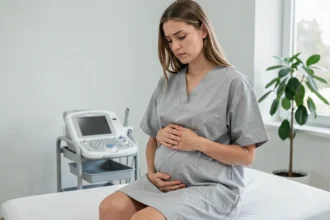 Jeune femme enceinte à 5 semaines assise sur une table d'examen médical, mains posées sur l'abdomen, dans un cabinet d'échographie obstétricale