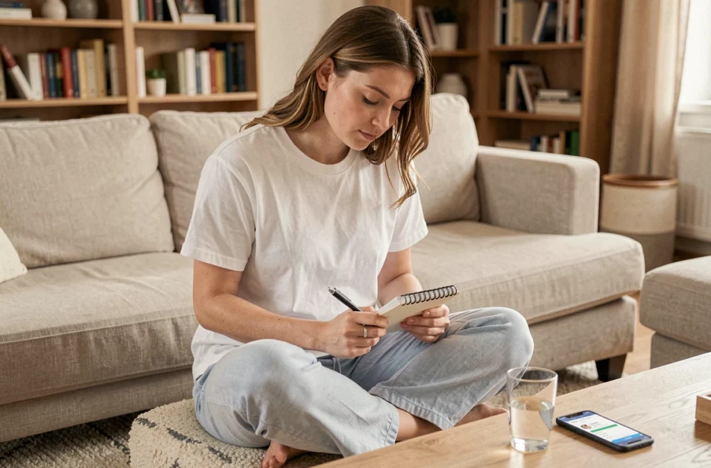Femme enceinte à domicile notant ses symptômes dans un carnet, téléphone avec application de suivi de grossesse posé sur la table basse