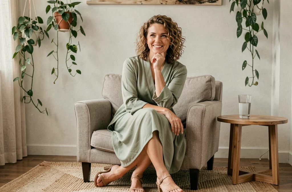 Portrait de Florie Ferron, psychologue dans le Var, dans un cabinet décoré de plantes et d'un tapis tissé