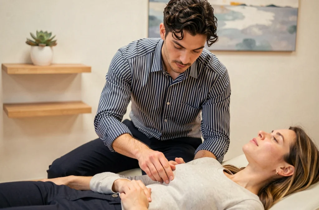 Jonathan Keiser, ostéopathe dans la Marne, appliquant une technique de relâchement fascial sur l'avant-bras d'un patient allongé