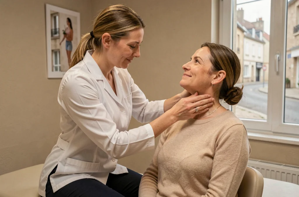 Mathilde Collard, ostéopathe à Châlons-en-Champagne, réalisant un soin cervical sur une patiente assise