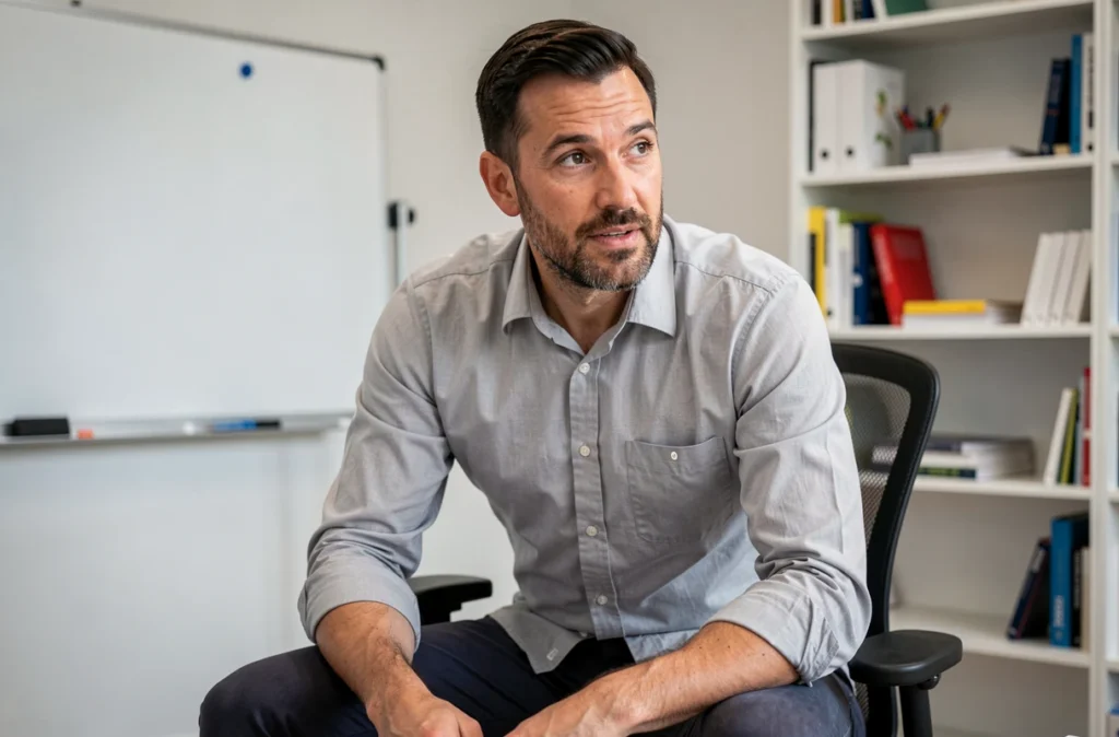 Portrait de Maxime Bellego, psychologue dans le Var, assis dans un cabinet contemporain avec tableau blanc