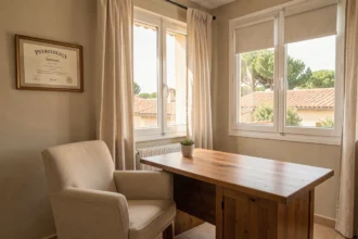 Cabinet de psychologie dans le Var, ambiance chaleureuse et professionnelle avec fauteuil beige et diplômes au mur