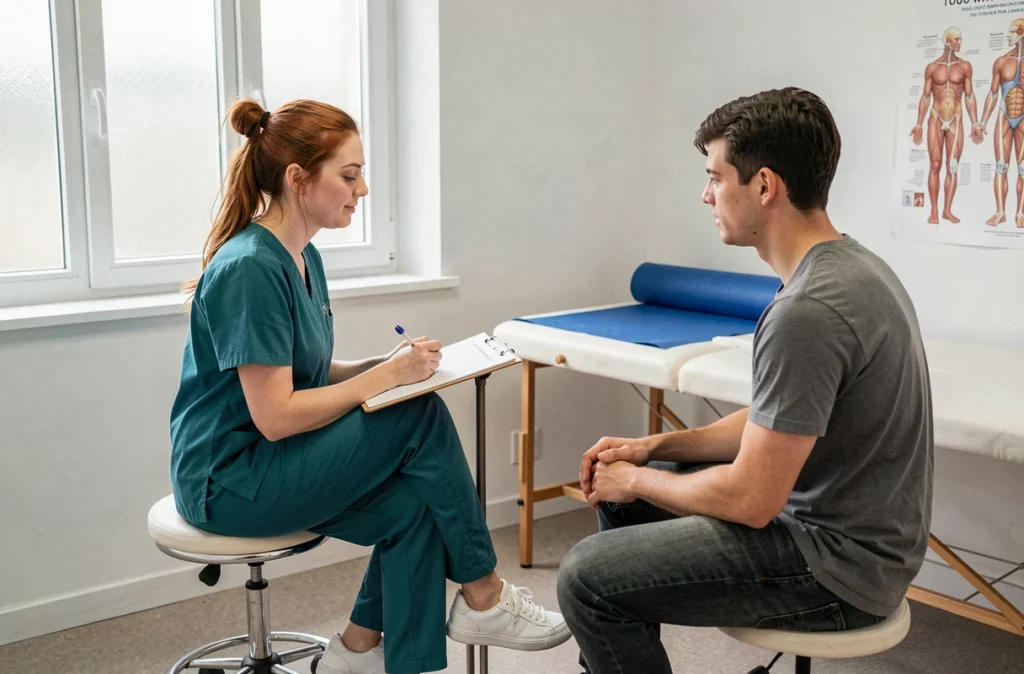 Morgane Milon, ostéopathe à Reims, prenant des notes lors d'un entretien initial avec un jeune patient