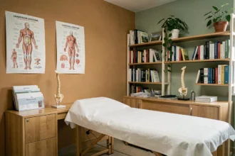 Cabinet d'ostéopathie dans la Marne avec table de consultation, bureau médical et ambiance professionnelle et apaisante