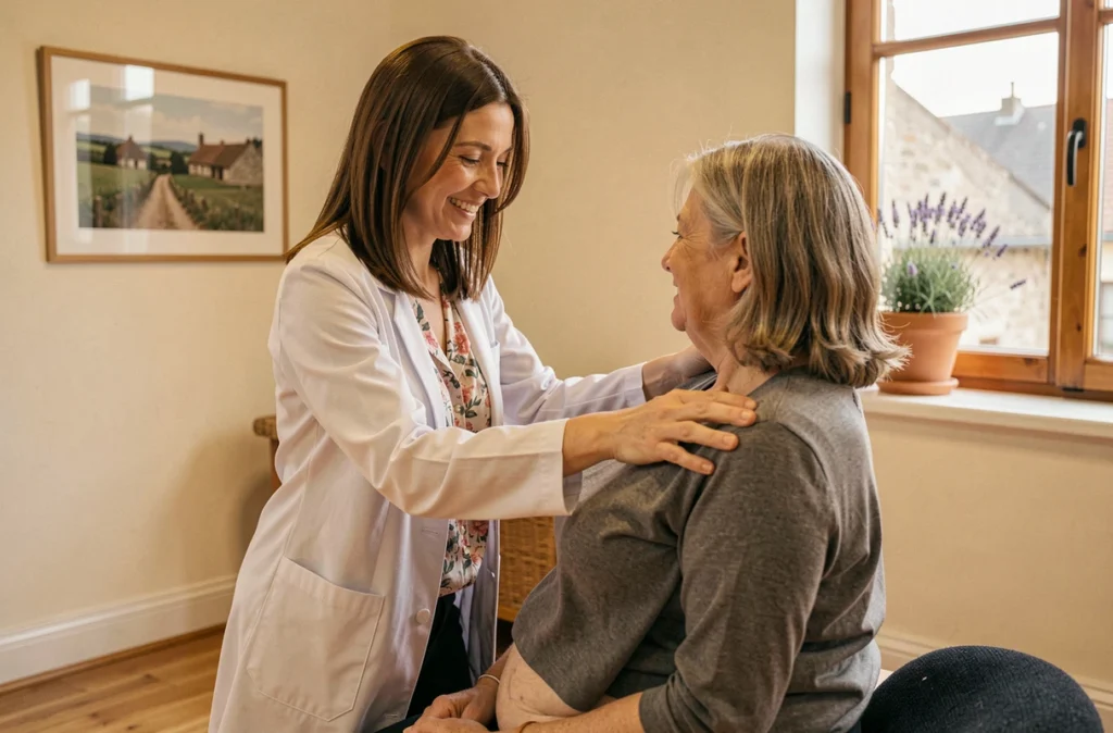 Sarah Demangeon-Guilliou, ostéopathe dans la Marne, guidant une patiente dans un exercice de rotation vertébrale assis