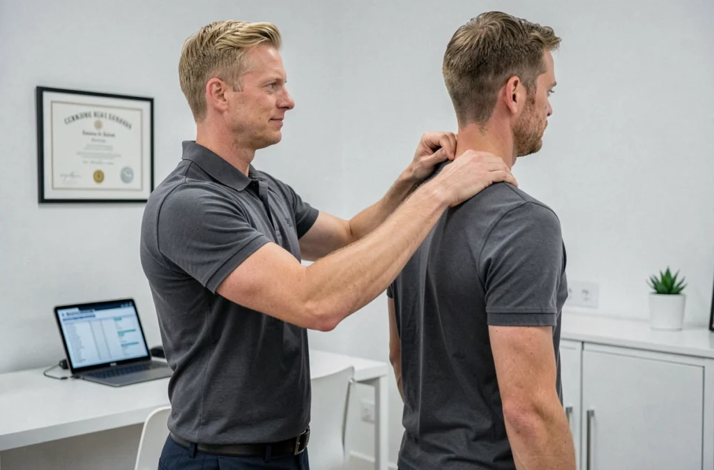 Thibaut Crozatier, ostéopathe dans la Marne, réalisant une technique de manipulation thoracique sur un patient debout