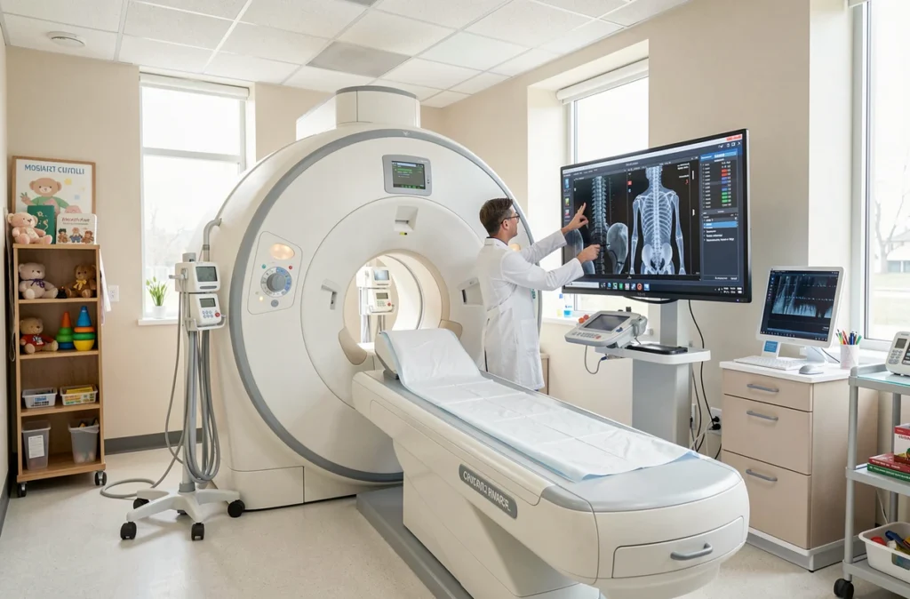 Médecin examinant des images IRM de la colonne dans une salle d'imagerie pédiatrique