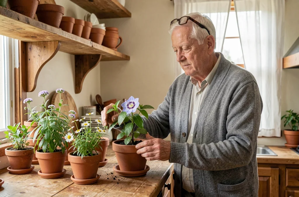Senior homme arrangeant des plantes médicinales pour favoriser le sommeil dans une cuisine naturelle