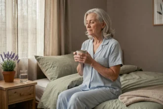 Femme senior tenant une tisane apaisante avant de dormir, avec une plante de lavande sur la table de nuit